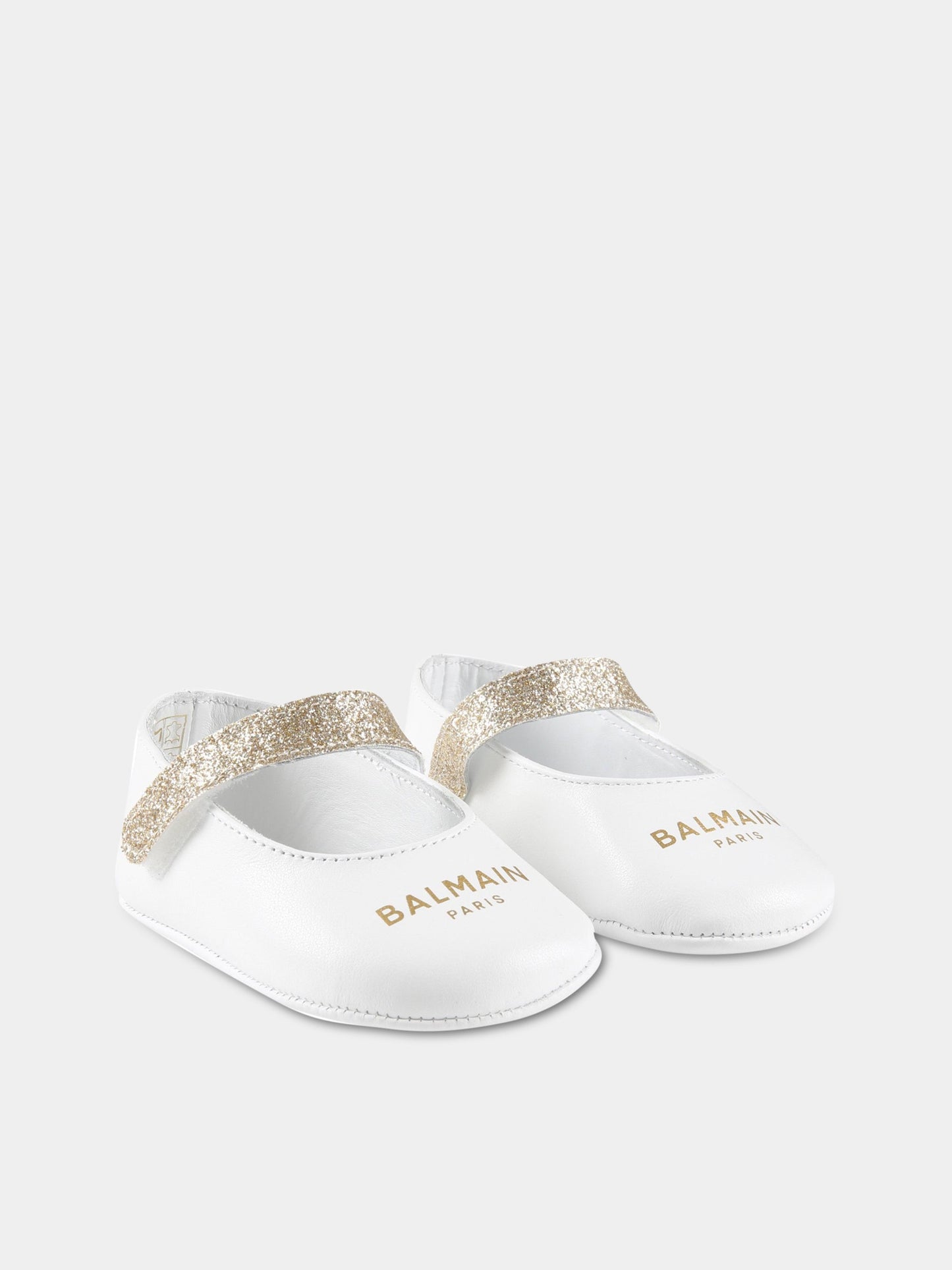 Ballerine bianche per neonata con logo dorato,Balmain Kids,BS0006 Y0051 100OR