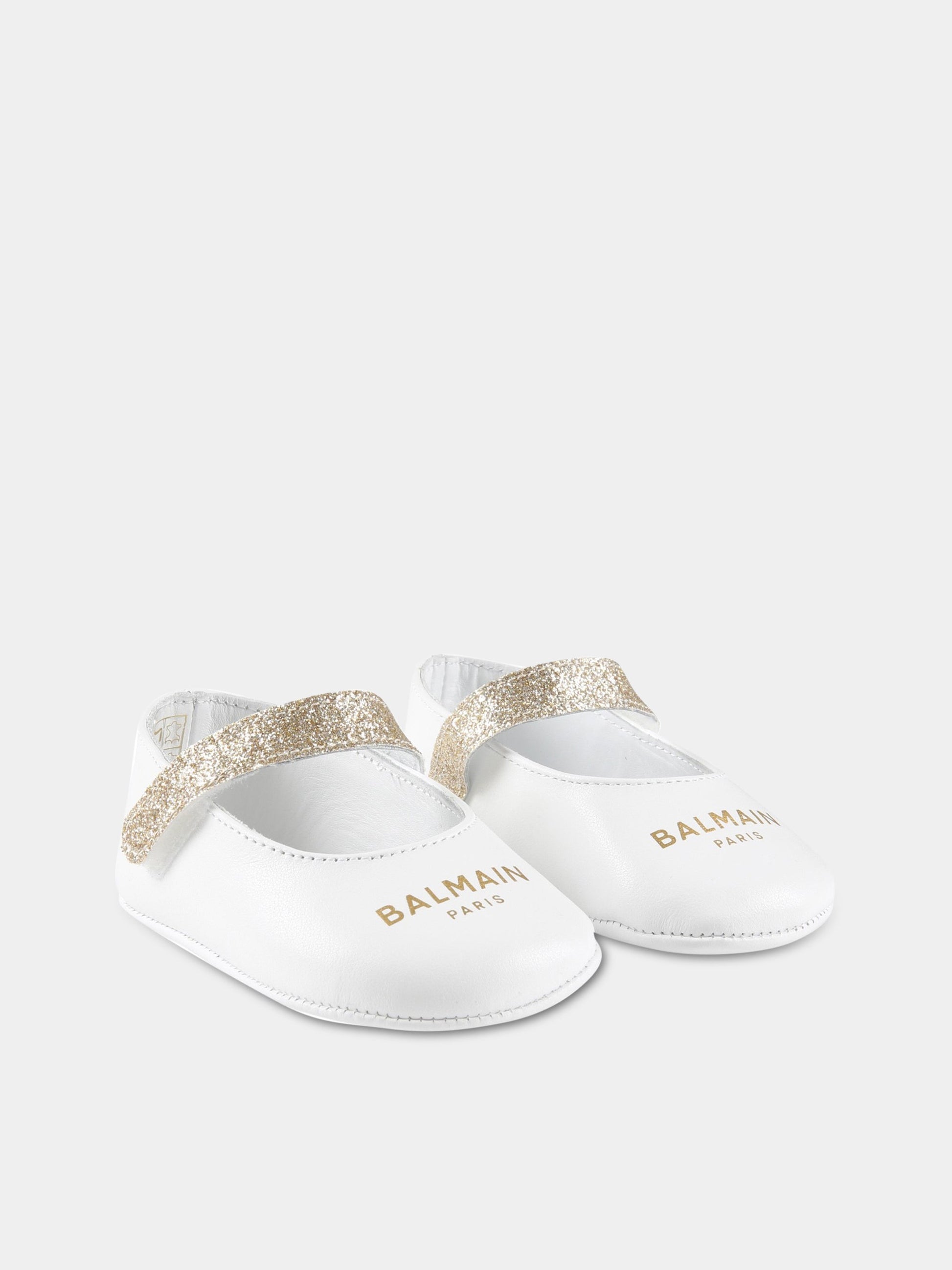 Ballerine bianche per neonata con logo dorato,Balmain Kids,BS0006 Y0051 100OR