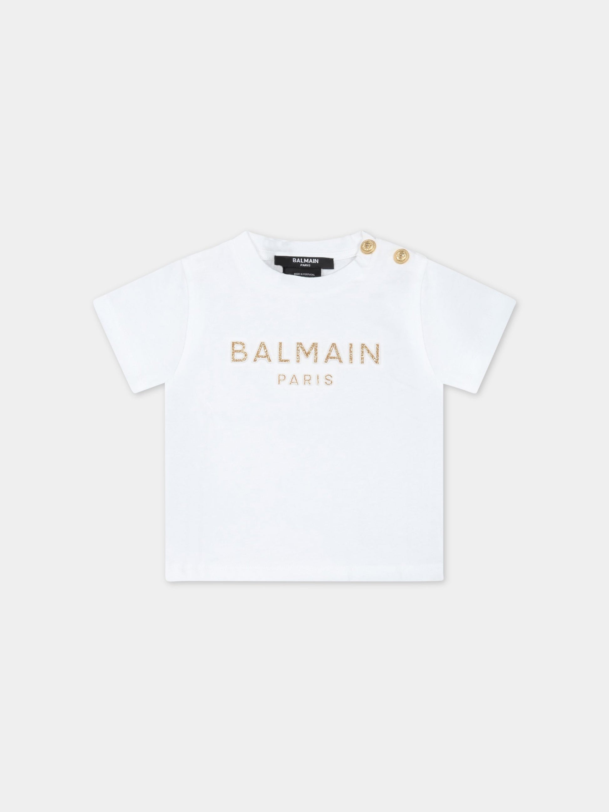T-shirt bianca per bambini con logo dorato in rilievo,Balmain Kids,BS8001 Z0057 100OR
