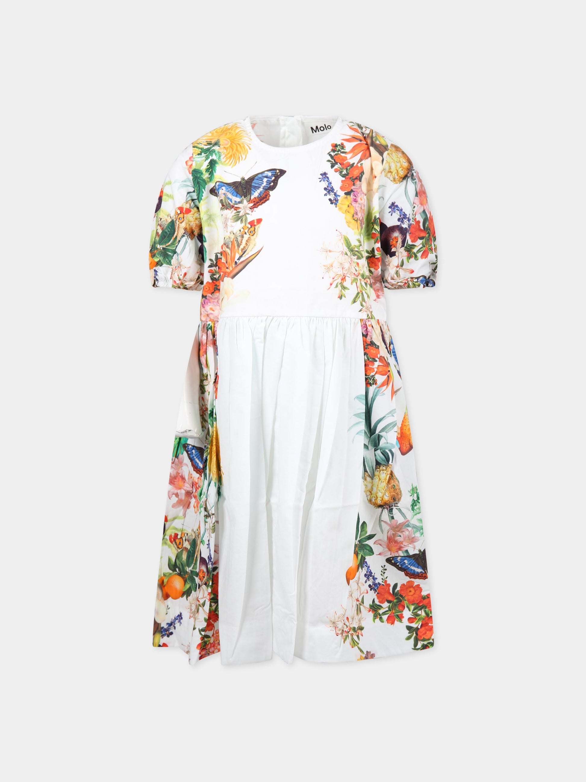 Vestito multicolor per bambina con stampa fiori, frutta tropicale e farfalle,Molo,2S23E117 7930