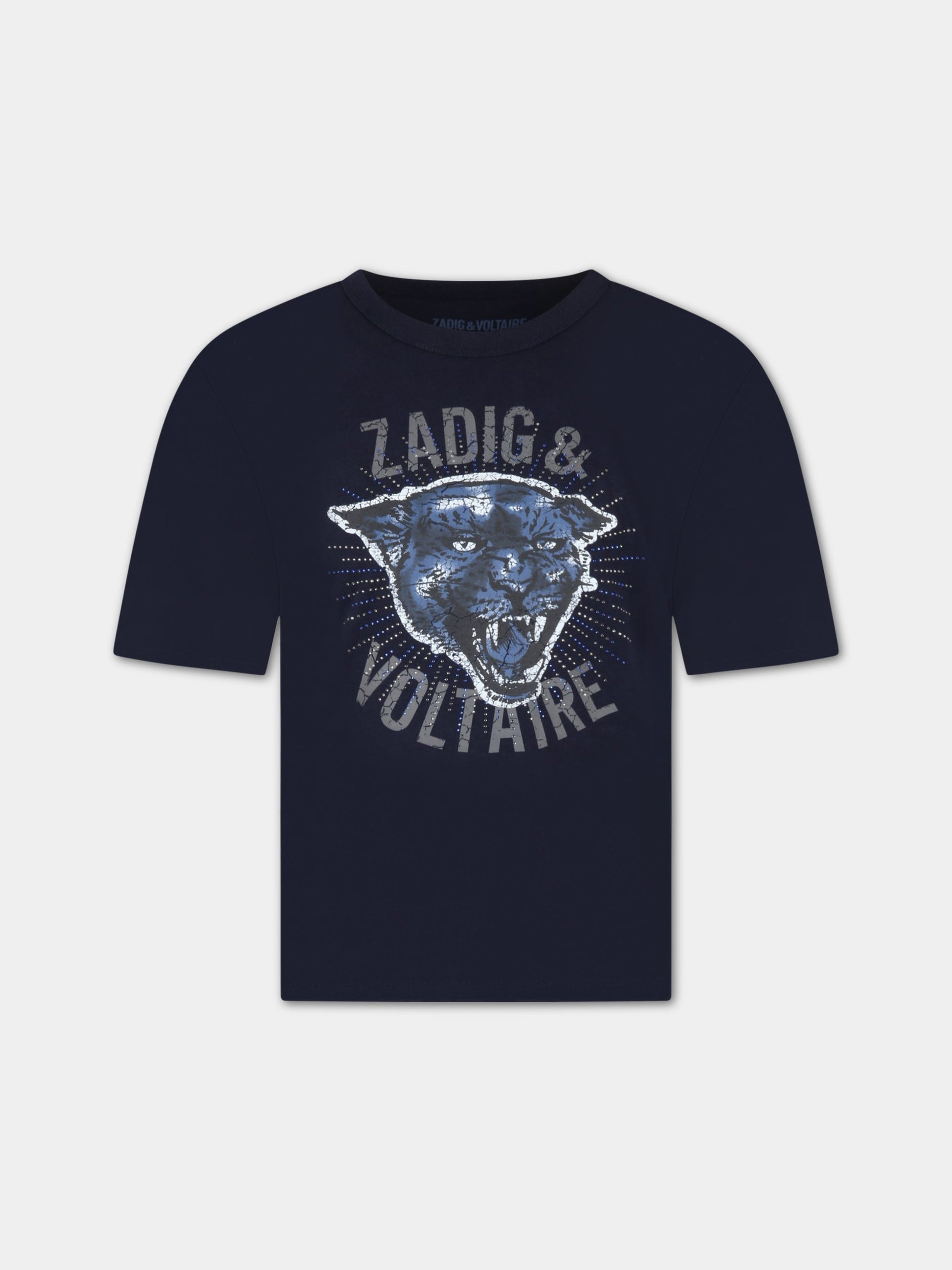 T-shirt blu per bambina con tigre e logo,Zadig & Voltaire Kids,X15386 83D