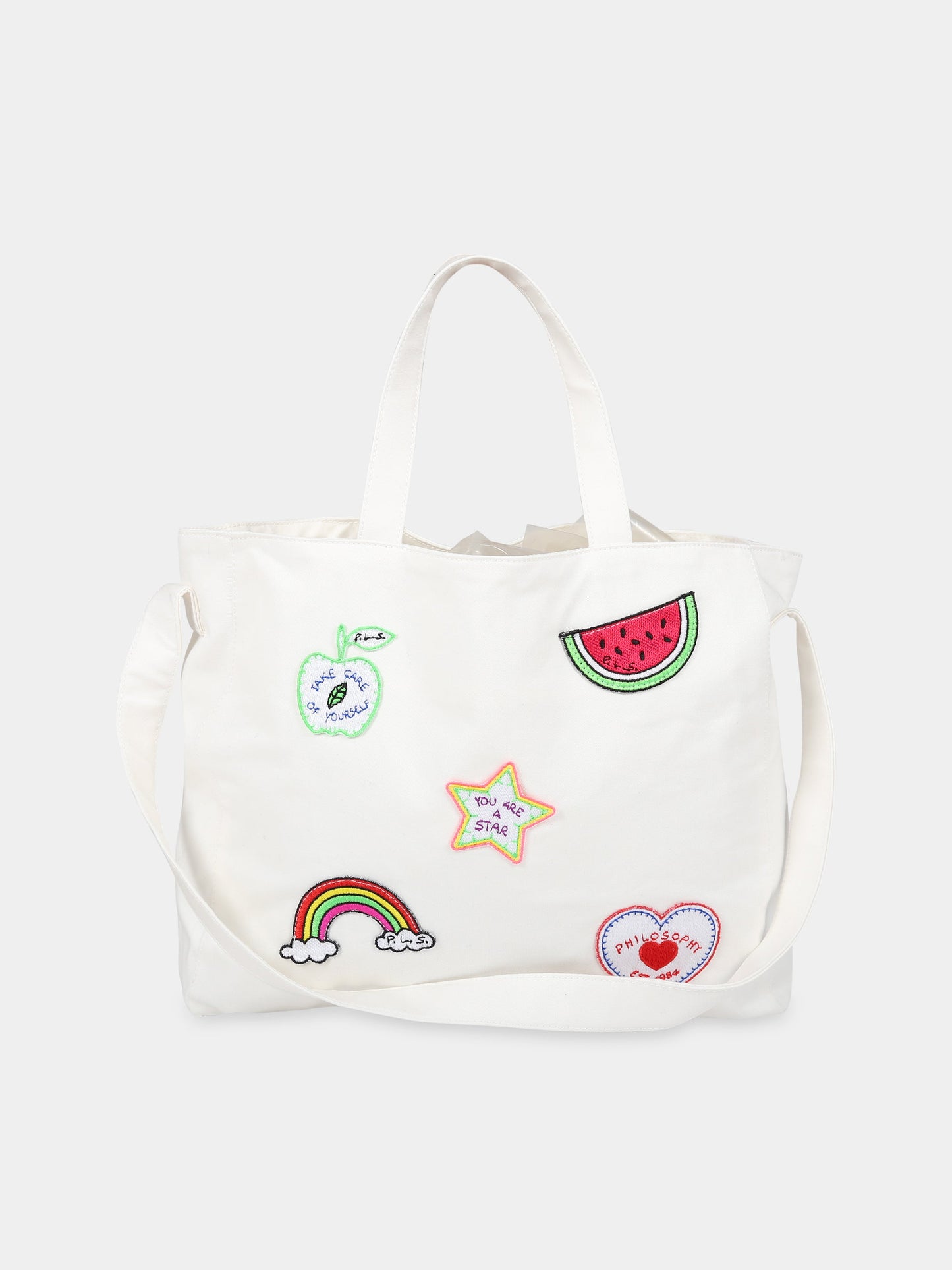 Borsa bianca per bambina con patch e logo,Philosophy,PJBO29 CE234 0001