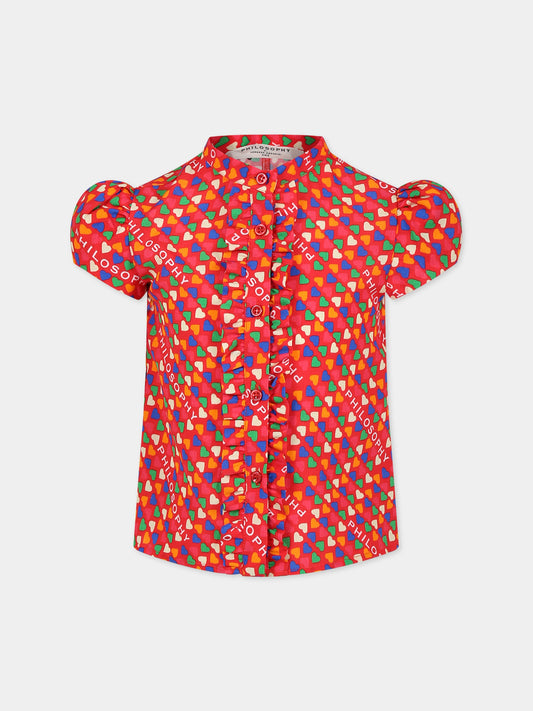 Camicia rossa per bambina con cuori e logo,Philosophy,PJCA136 GA111 3002