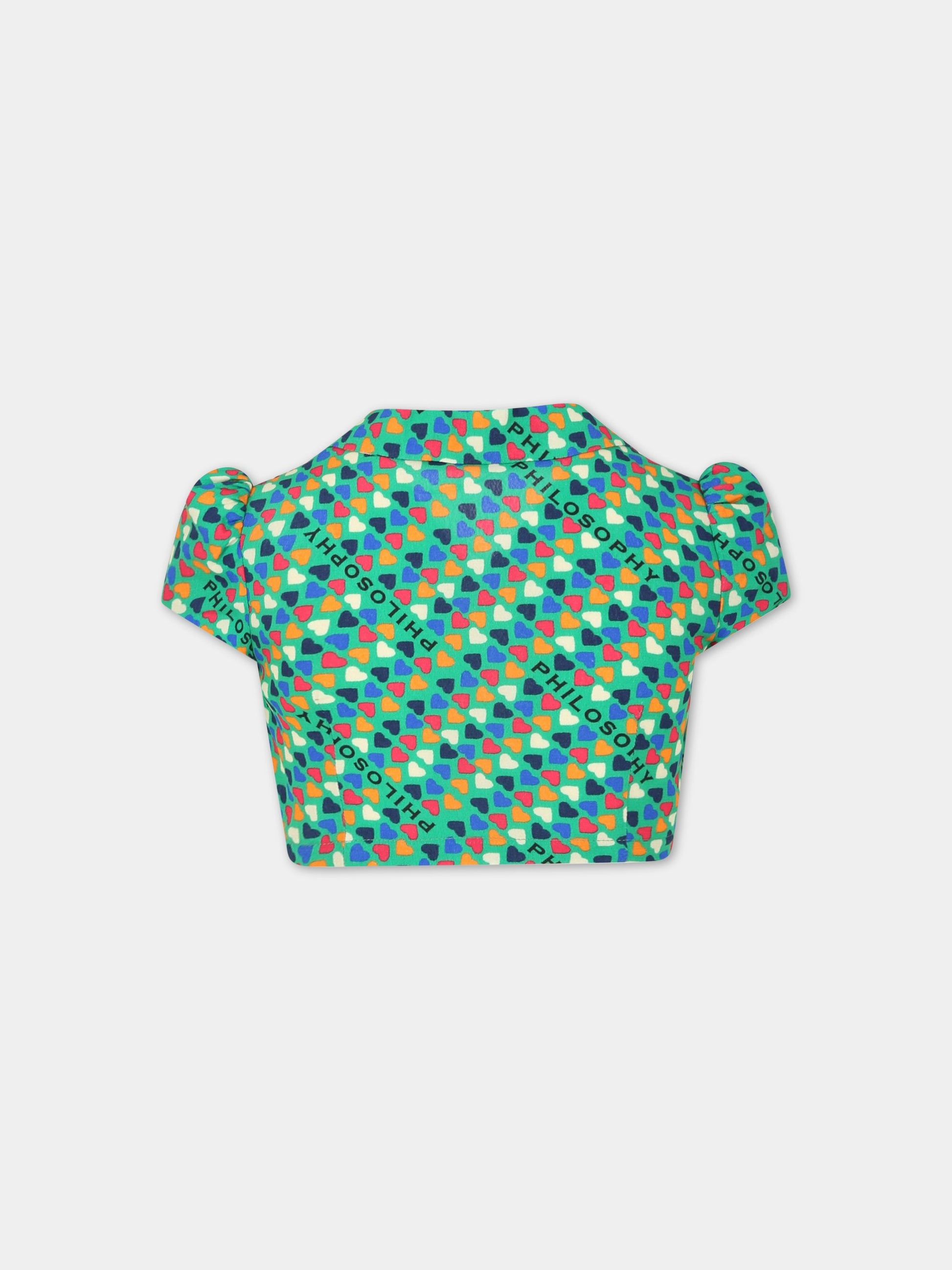 T-shirt verde per bambina con cuori e scritta,Philosophy,PJCA137 GA111 1002