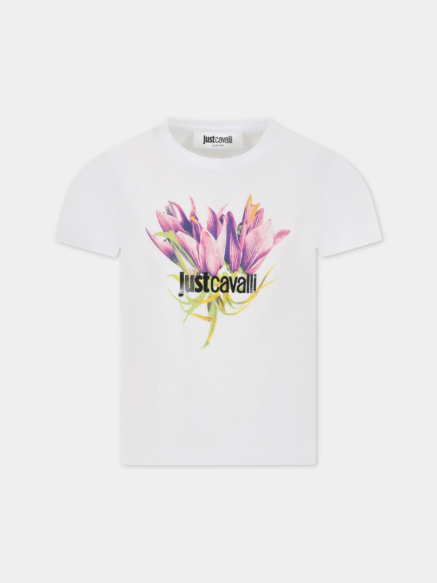 T-shirt bianca per bambina con stampa floreale e logo,Just Cavalli,JFTS001 JE138 B002