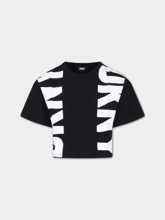 T-shirt nera per bambina con logo bianco,Dkny,D35S75 09B