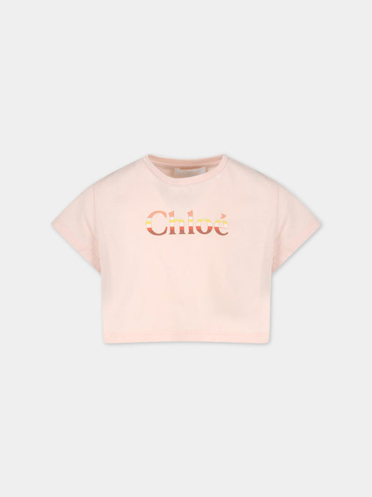 T-shirt rosa per bambina con logo multicolor,Chloé Kids,C15E07 45K