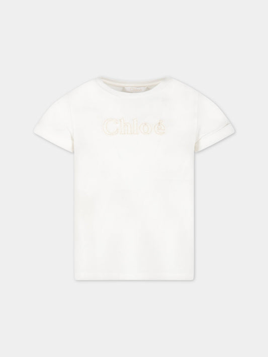 T-shirt bianca per bambina con logo avorio,Chloé Kids,C15E03 117