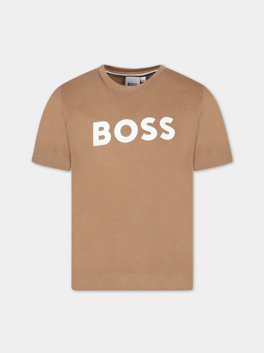T-shirt marrone per bambino con logo bianco,Boss,J25O04 269