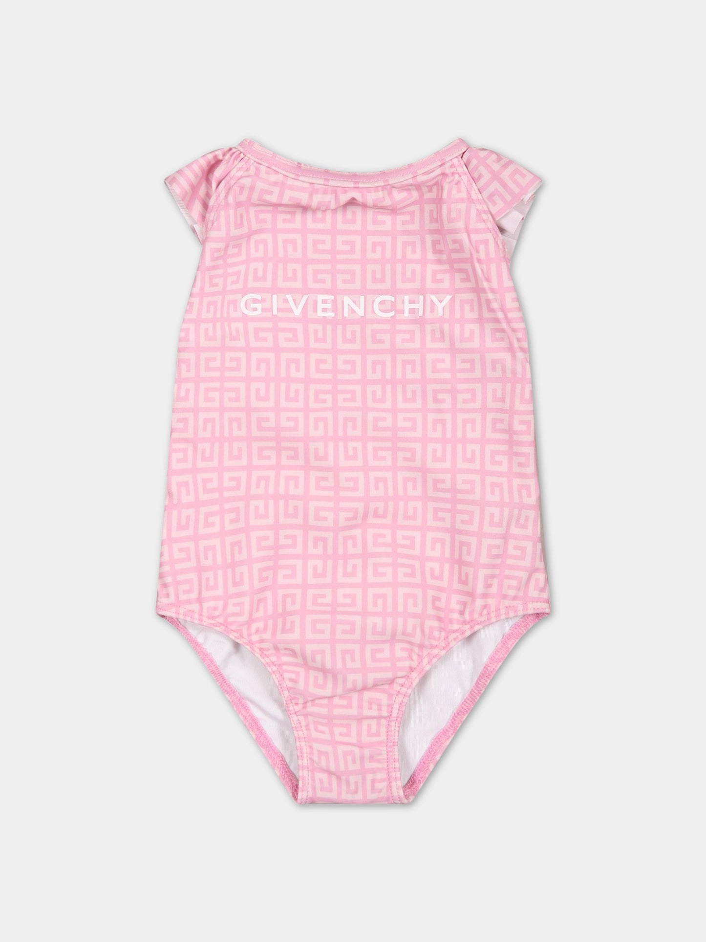 Costume rosa intero per neonata con iconico monogramma all-over,Givenchy Kids,H00063 Z40