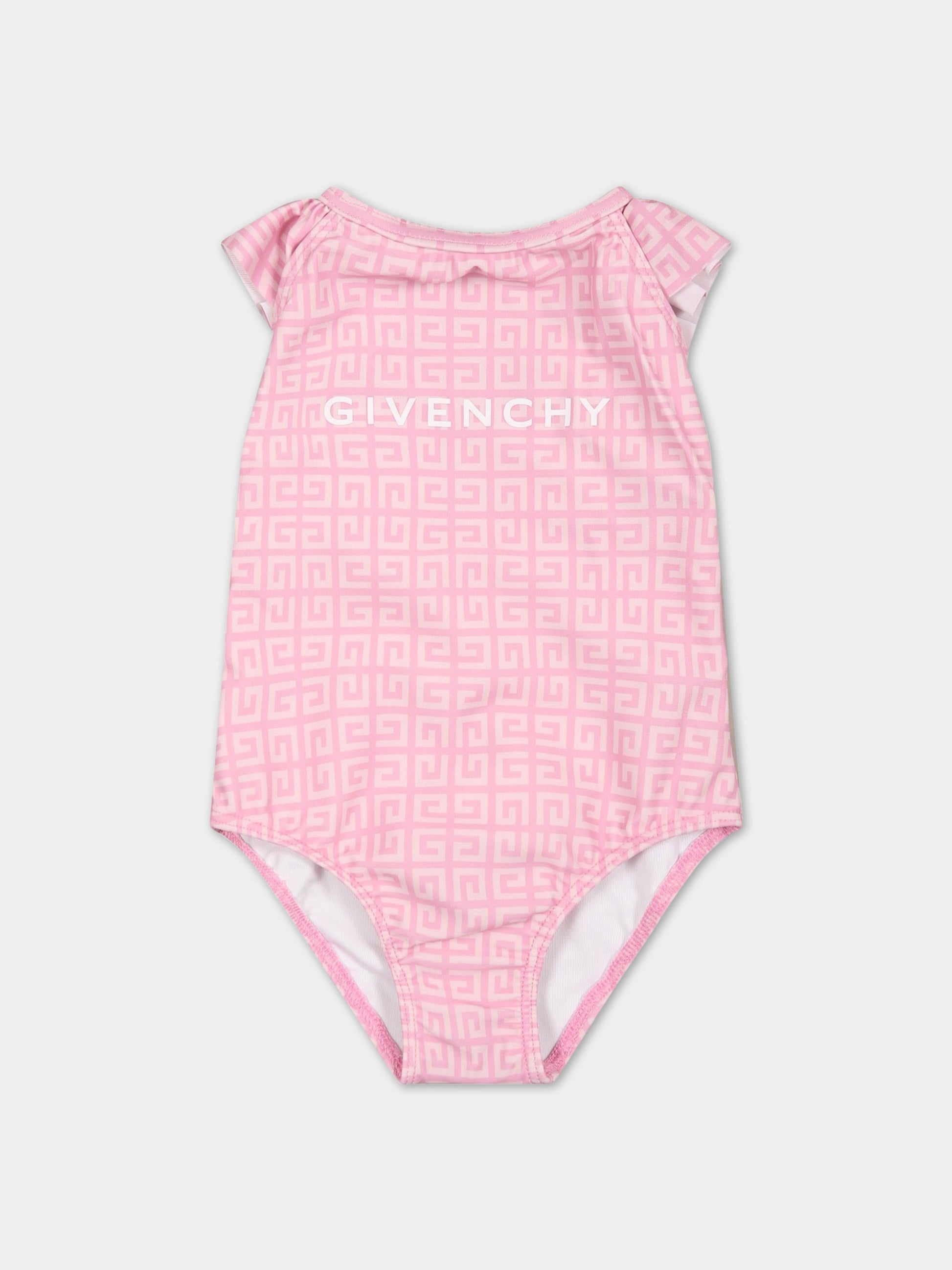 Costume rosa intero per neonata con iconico monogramma all-over,Givenchy Kids,H00063 Z40