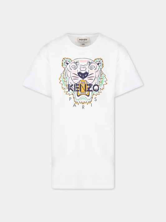 Vestito bianco per bambina con tigre iconica e logo,Kenzo Kids,K12288 10P