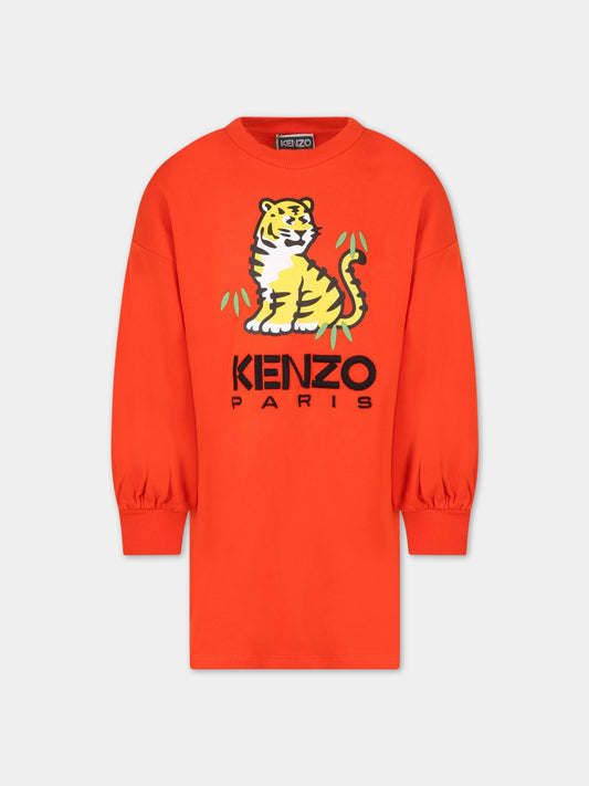 Vestito rosso per bambina con tigre e logo,Kenzo Kids,K12290 987