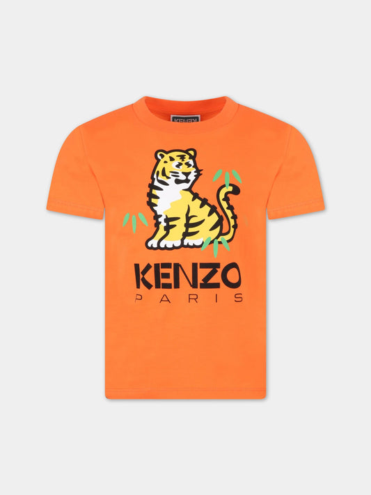 T-shirt arancione per bambino con stampa tigre e logo,Kenzo Kids,K25800 420