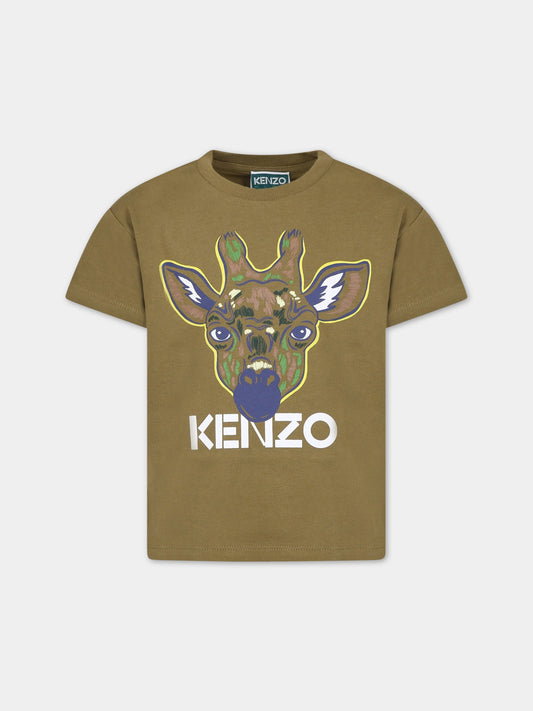 T-shirt verde per bambino con giraffa e logo,Kenzo Kids,K25781 626