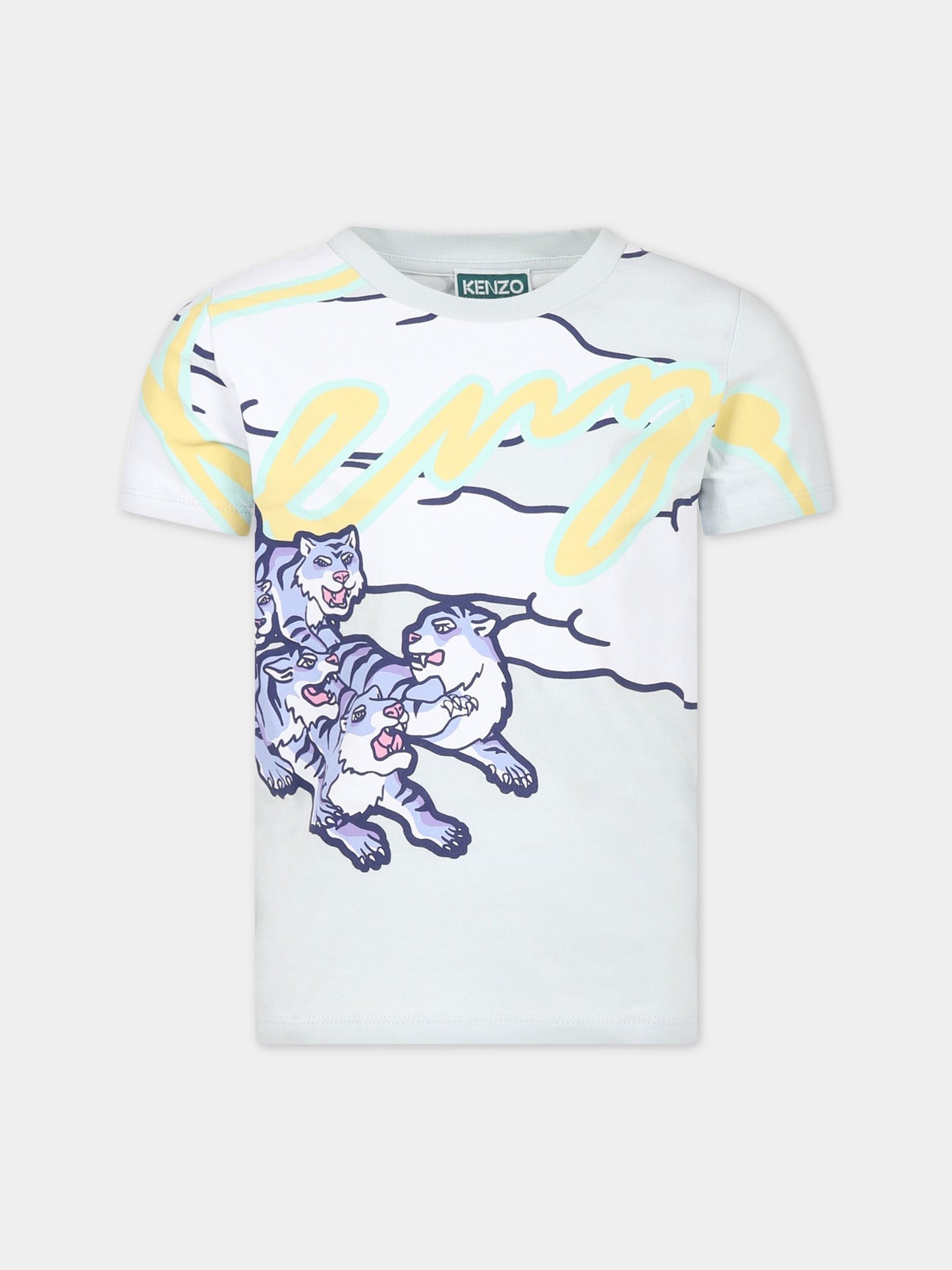 T-shirt celeste per bambino con tigre e logo,Kenzo Kids,K25796 791