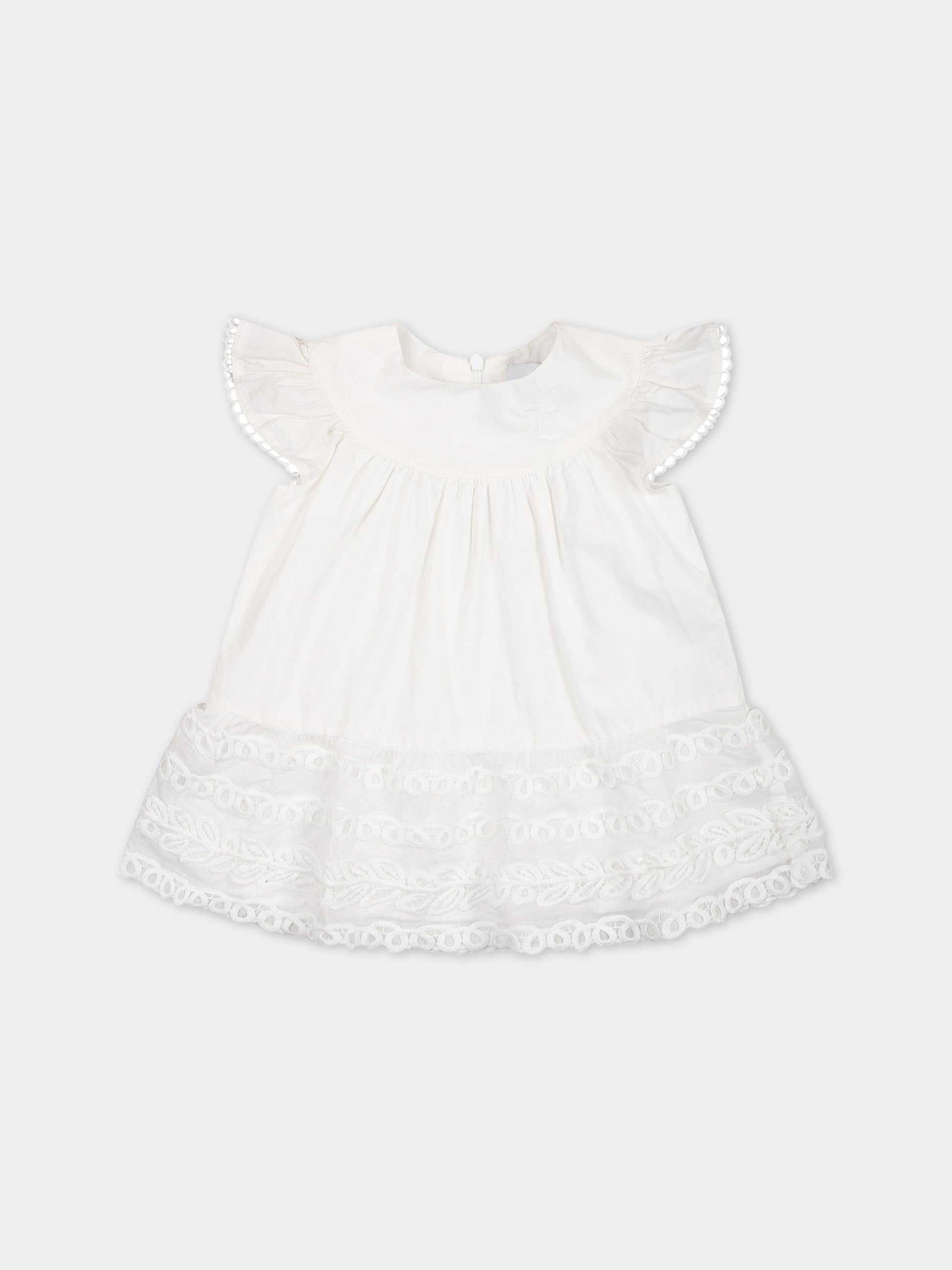 Vestito bianco per neonat con ricami e logo,Ermanno Scervino Junior,SBAB002C CA272 0001