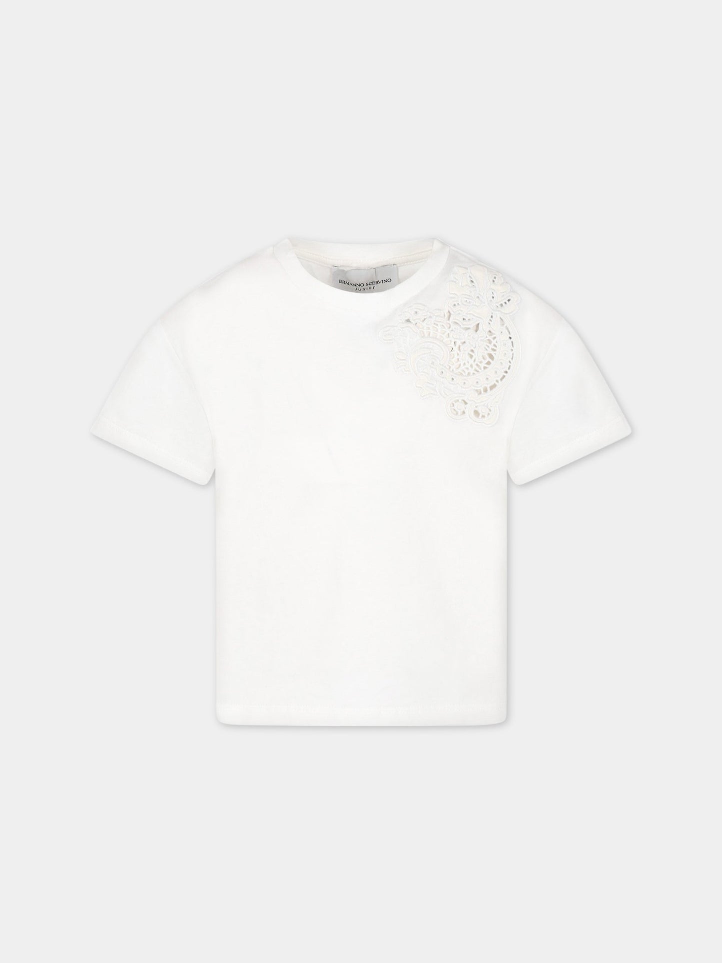 T-shirt bianca per bambina con ricamo,Ermanno Scervino Junior,SFTS050C JE199 0002