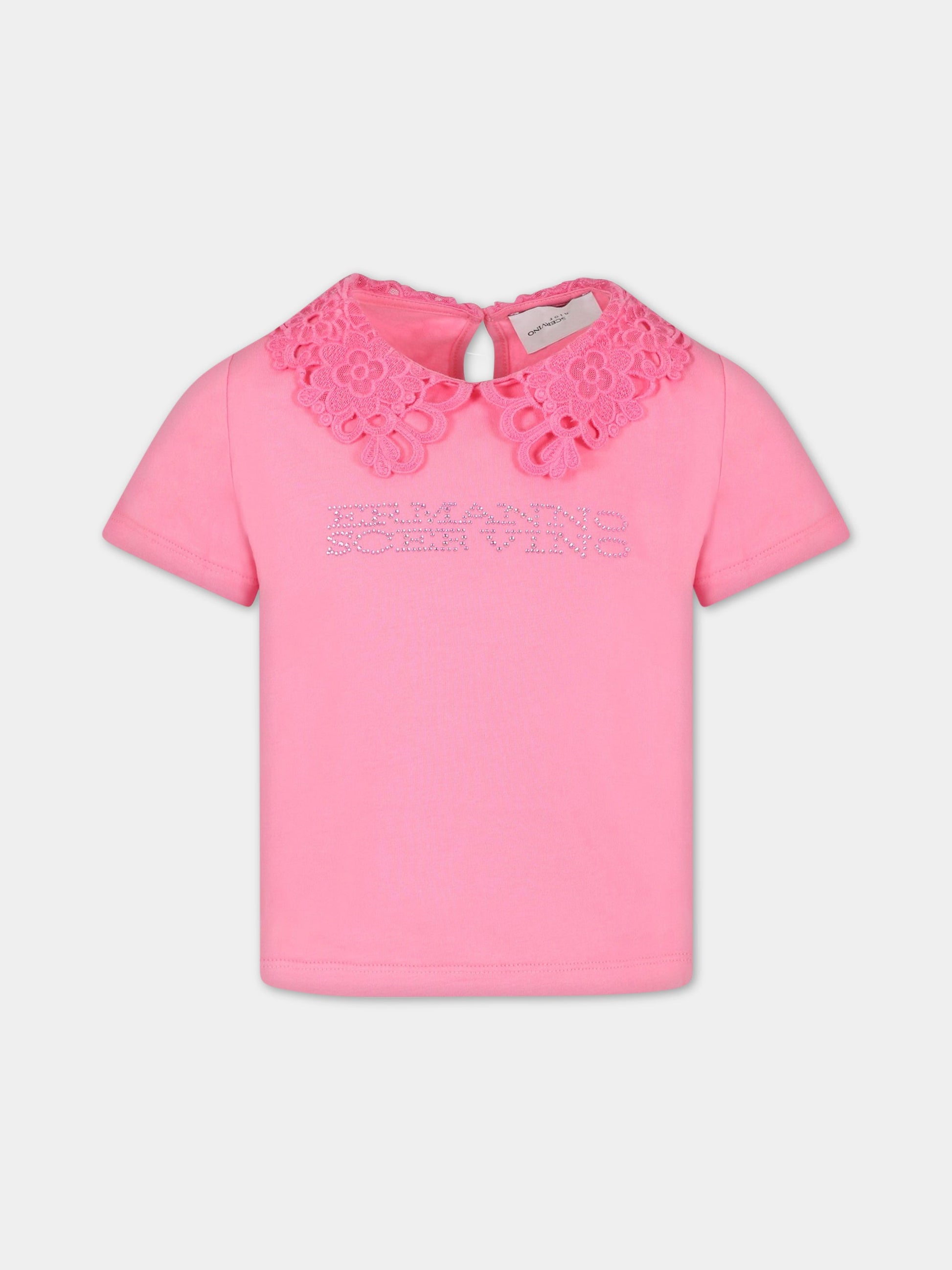 T-shirt fuchsia per bambinna con logo,Ermanno Scervino Junior,SFTS062C JE201 3000