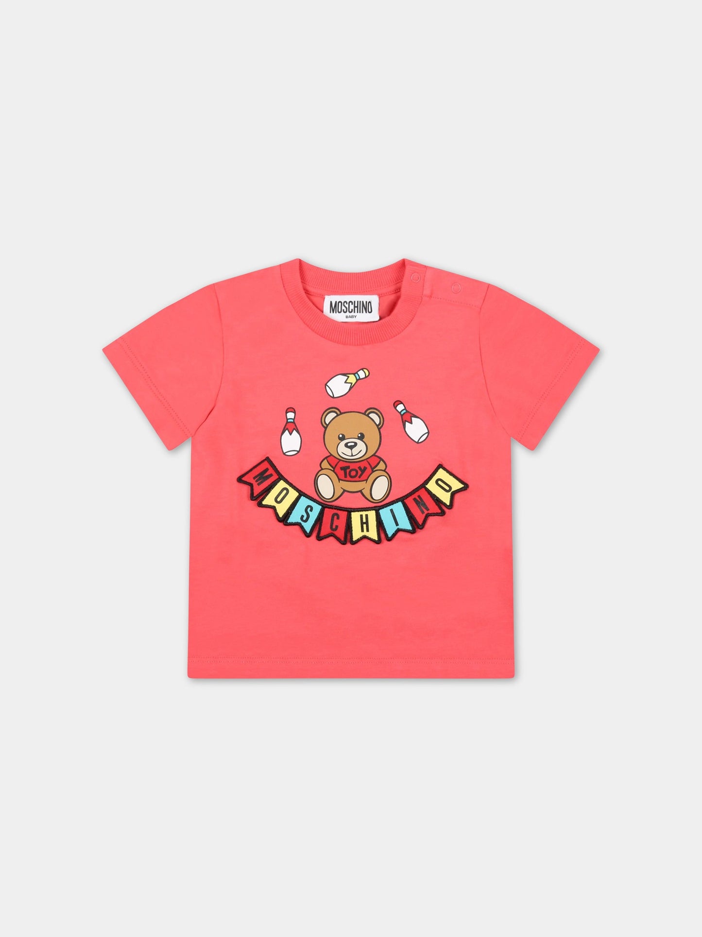 T-shirt rossa per neonati con logo multicolor,Moschino Kids,MUM02W LBA10 50218