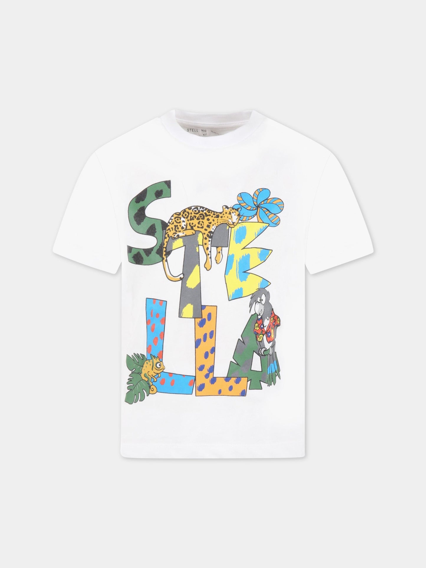 T-shirt bianca per bambini con logo e animali,Stella Mccartney Kids,TS8S91 Z0434 100