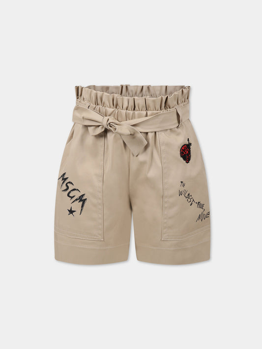Shorts beige per bambina con stampa multicolor e logo,Msgm Kids,MS029400 015