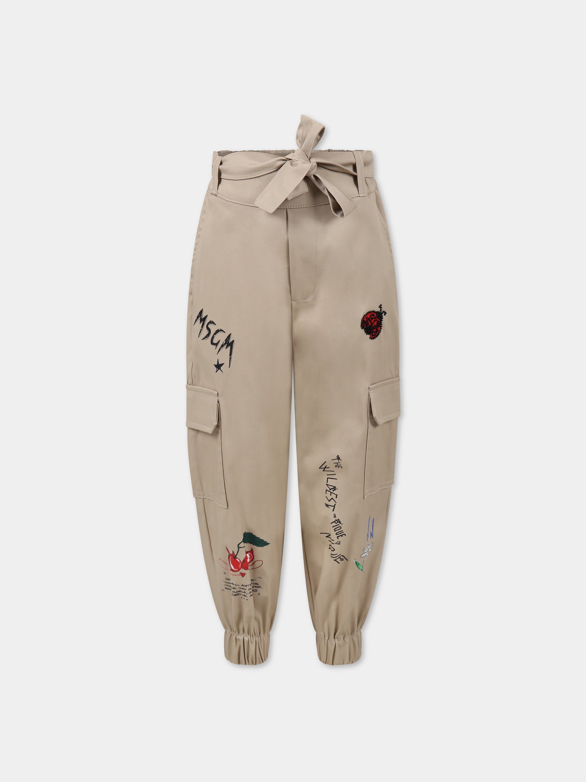 Pantaloni beige per bambina con stampa multicolor e logo,Msgm Kids,MS029406 015