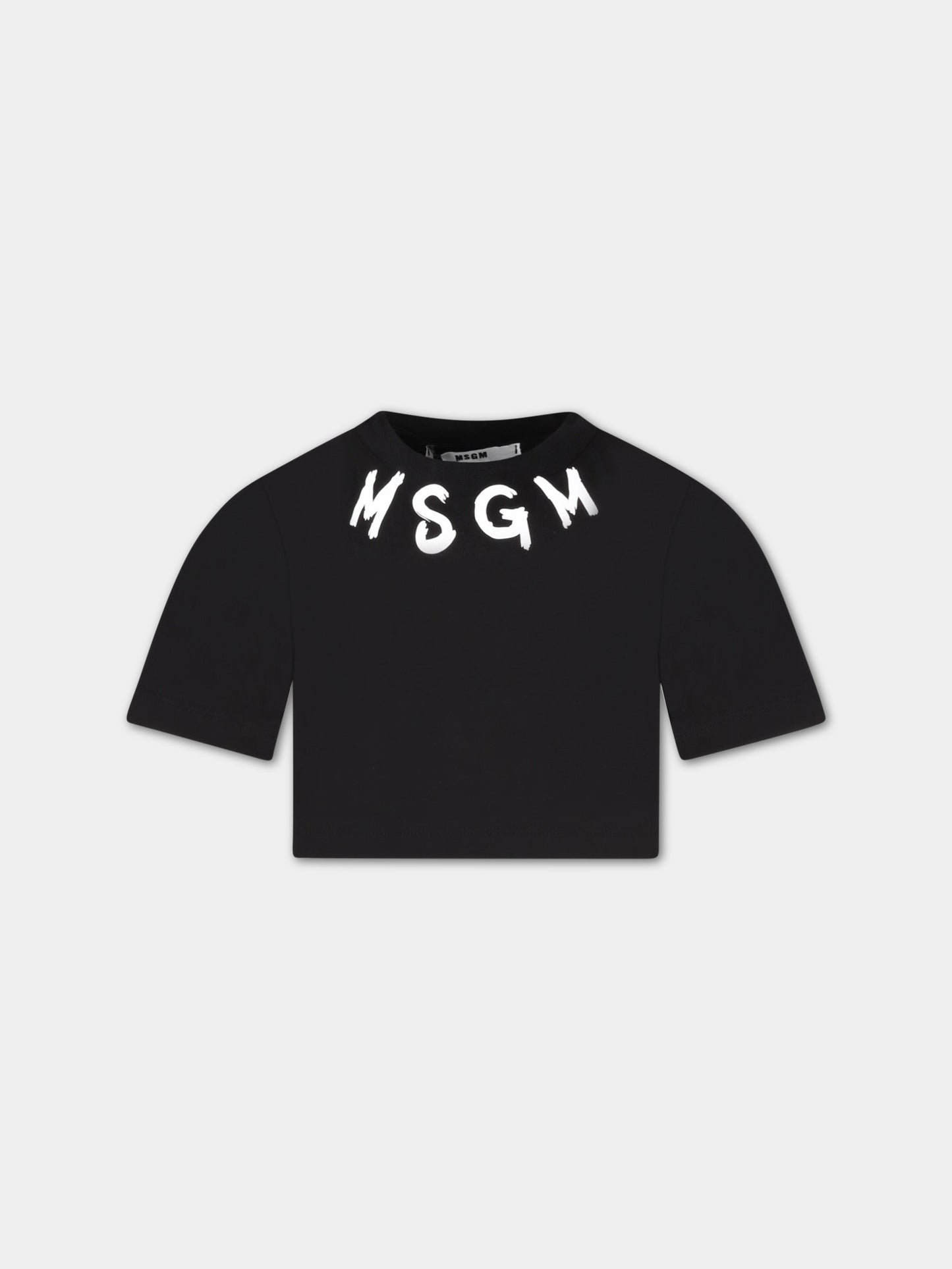 T-shirt nera corta per bambina con logo bianco,Msgm Kids,MS029339 110