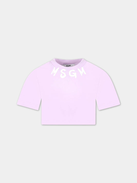 T-shirt viola corta per bambina con logo bianco,Msgm Kids,MS029339 071