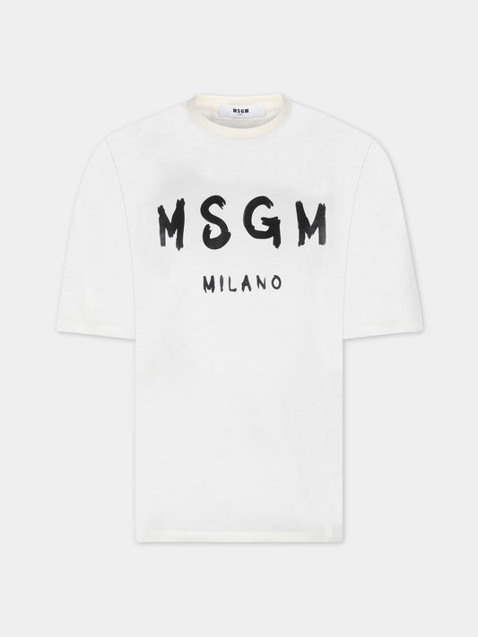 T-shirt avorio per bambini con logo nero,Msgm Kids,MS029372 013
