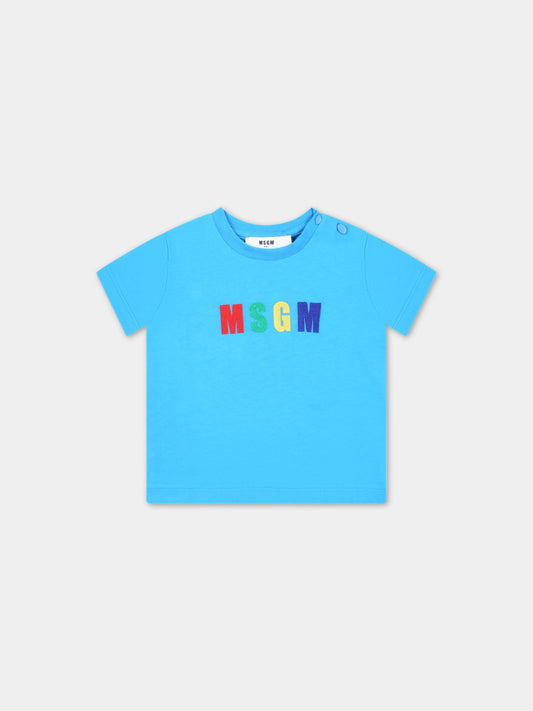 T-shirt azzurra per neonato con logo multicolor,Msgm Kids,MS029357 120