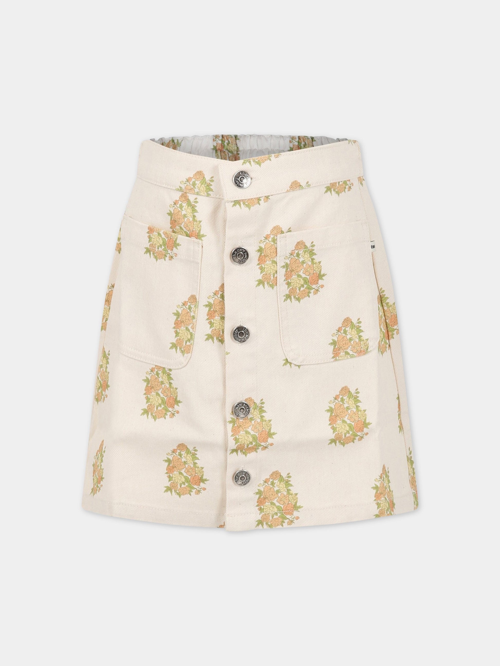 Gonna avorio per bambina con fiori all-over e con logo,The New Society,S23 K DN04 LORETTA