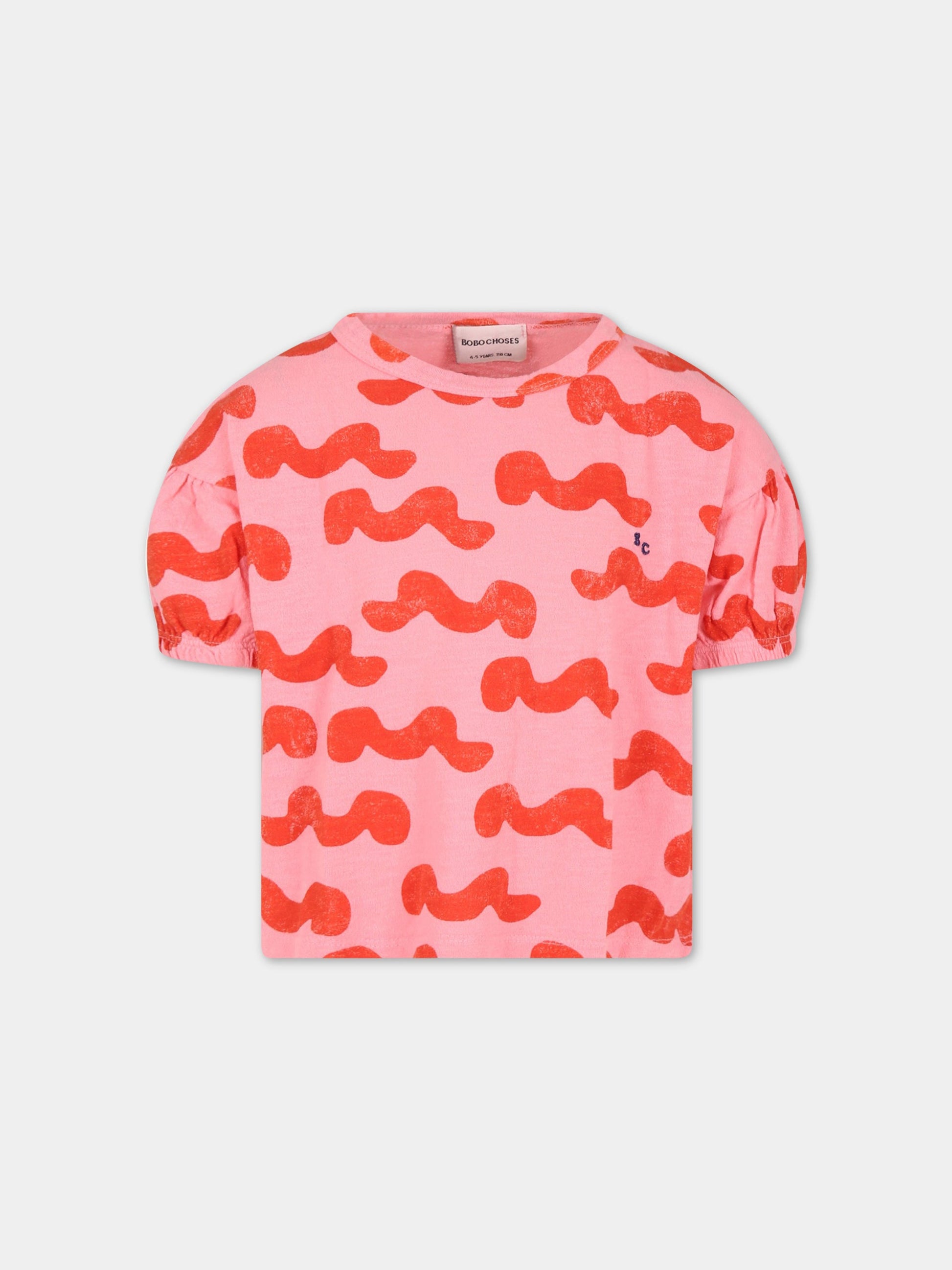 T-shirt rosa per bambina con onde rosse,Bobo Choses,123AC018
