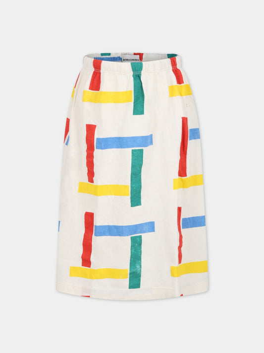 Gonna bianca per bambina con stampa multicolor e logo,Bobo Choses,123AC107
