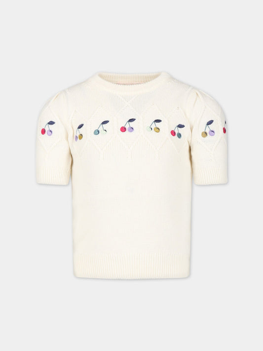 Maglione bianco per bambina con ciliegie ricamate,Bonpoint,S03GJUK00001 080