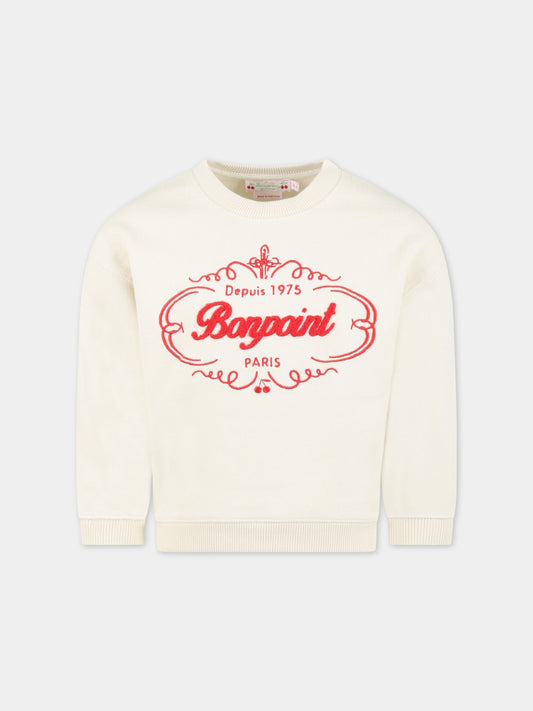 Felpa avorio per bambina con logo rosso ricamato,Bonpoint,S03GSWK00002 103A