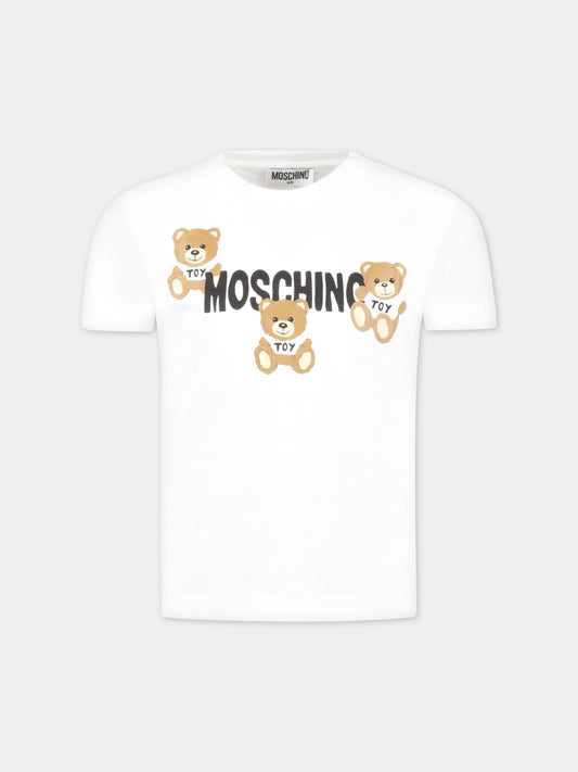 T-shirt bianca per bambini con tre Teddy Bear e logo,Moschino Kids,HUM04B LAA23 10101