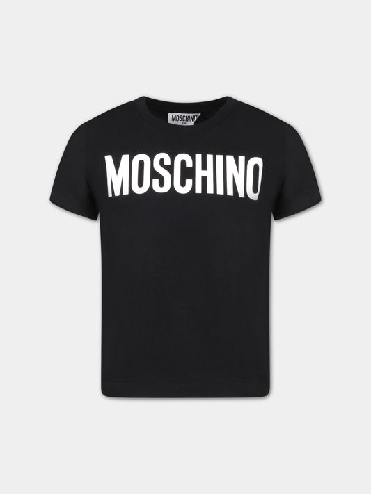 T-shirt nera per bambino con logo bianco,Moschino Kids,HWM03L LAA02 60100