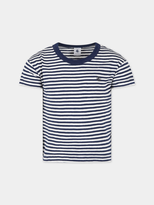 T-shirt multicolor a righe per bambino con logo,Petit Bateau,A06XM MEDIEVAL/MARSHMALLOW