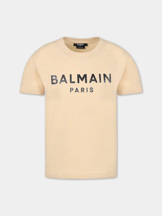 T-shirt beige per bambini con logo nero,Balmain Kids,BS8R51 Z0057 120NE