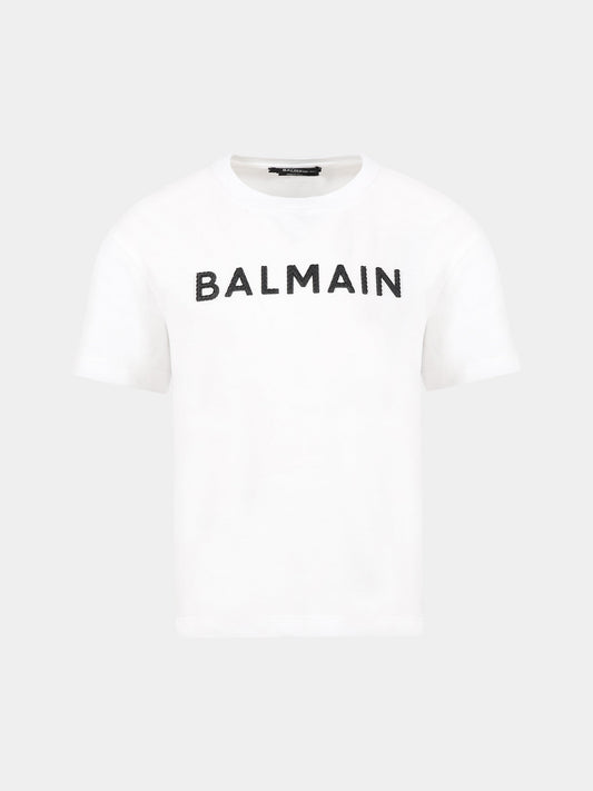 T-shirt bianco per bambini con logo,Balmain Kids,BS8R41 J0177 100NE