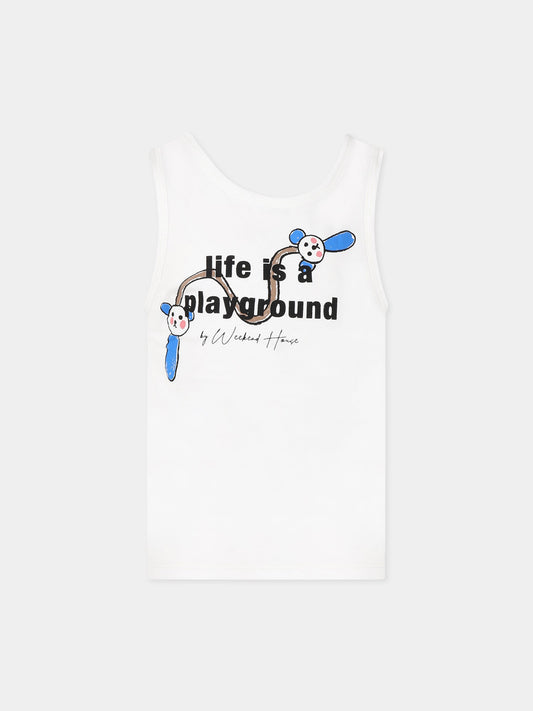 T-shirt bianca per bambini con stampa, logo e scritta  Life is a playground ,Weekend House Kids,734