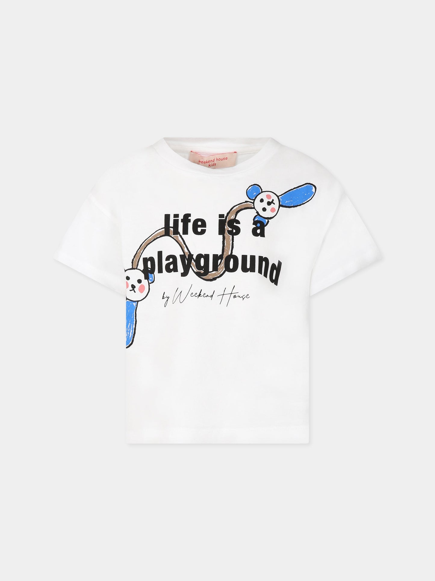 T-shirt bianca per bambini con stampa, logo e scritta  Life is a playground ,Weekend House Kids,725