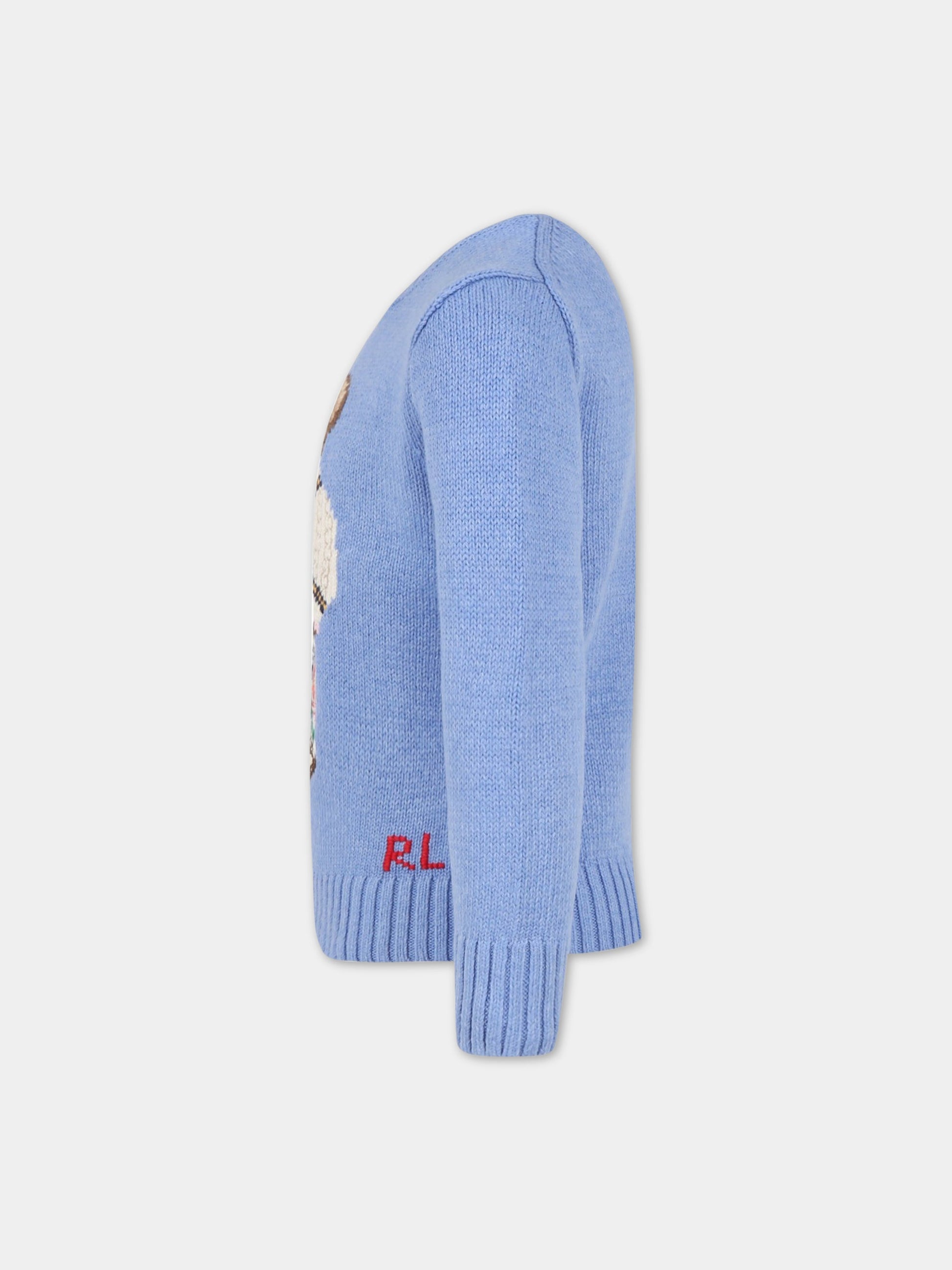 Maglione celeste per bambino con orso e logo,Ralph Lauren Kids,900999001