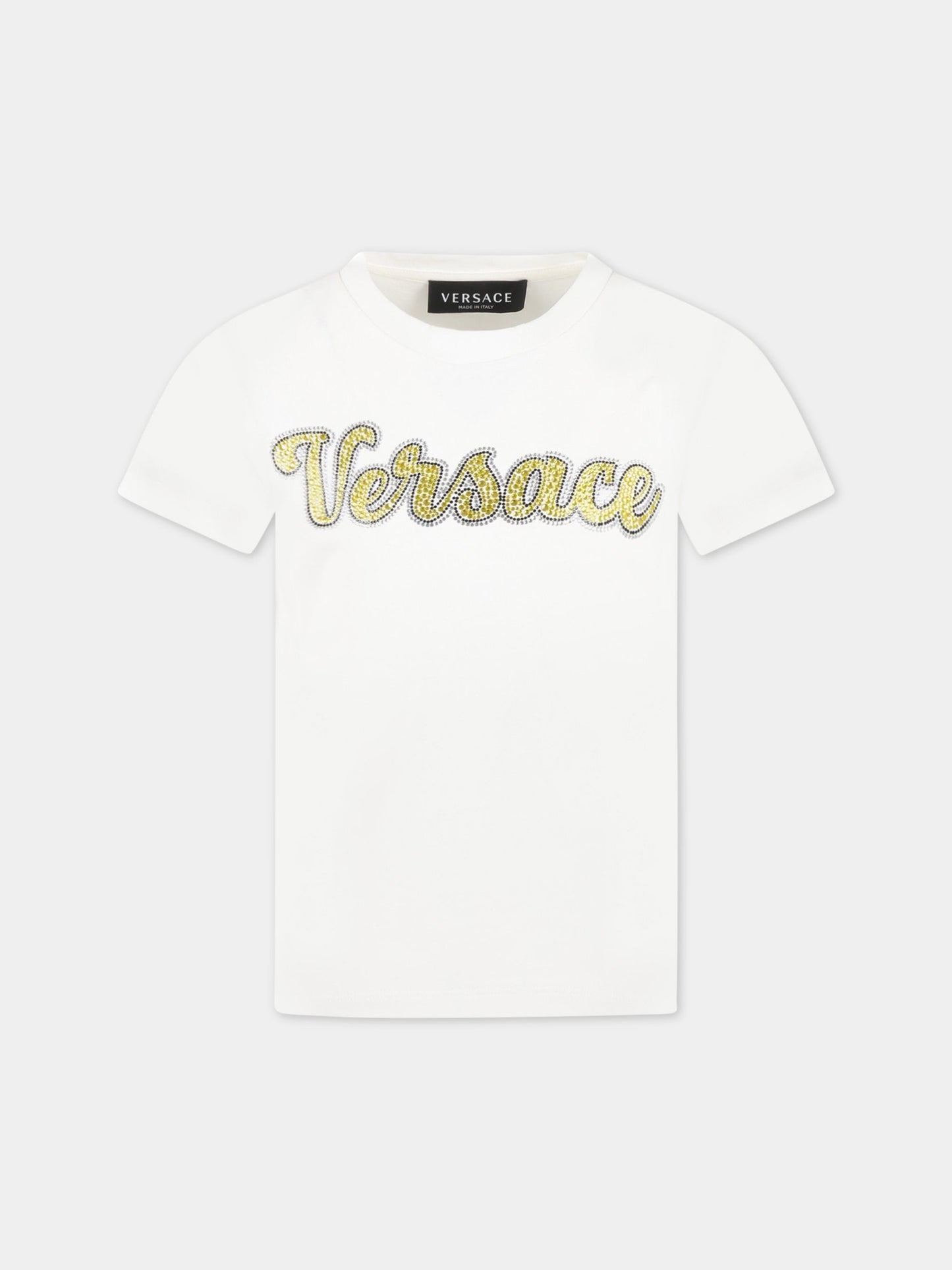 T-shirt bianca per bambina con logo giallo in strass,Versace,1000052 1A06484 2WE60