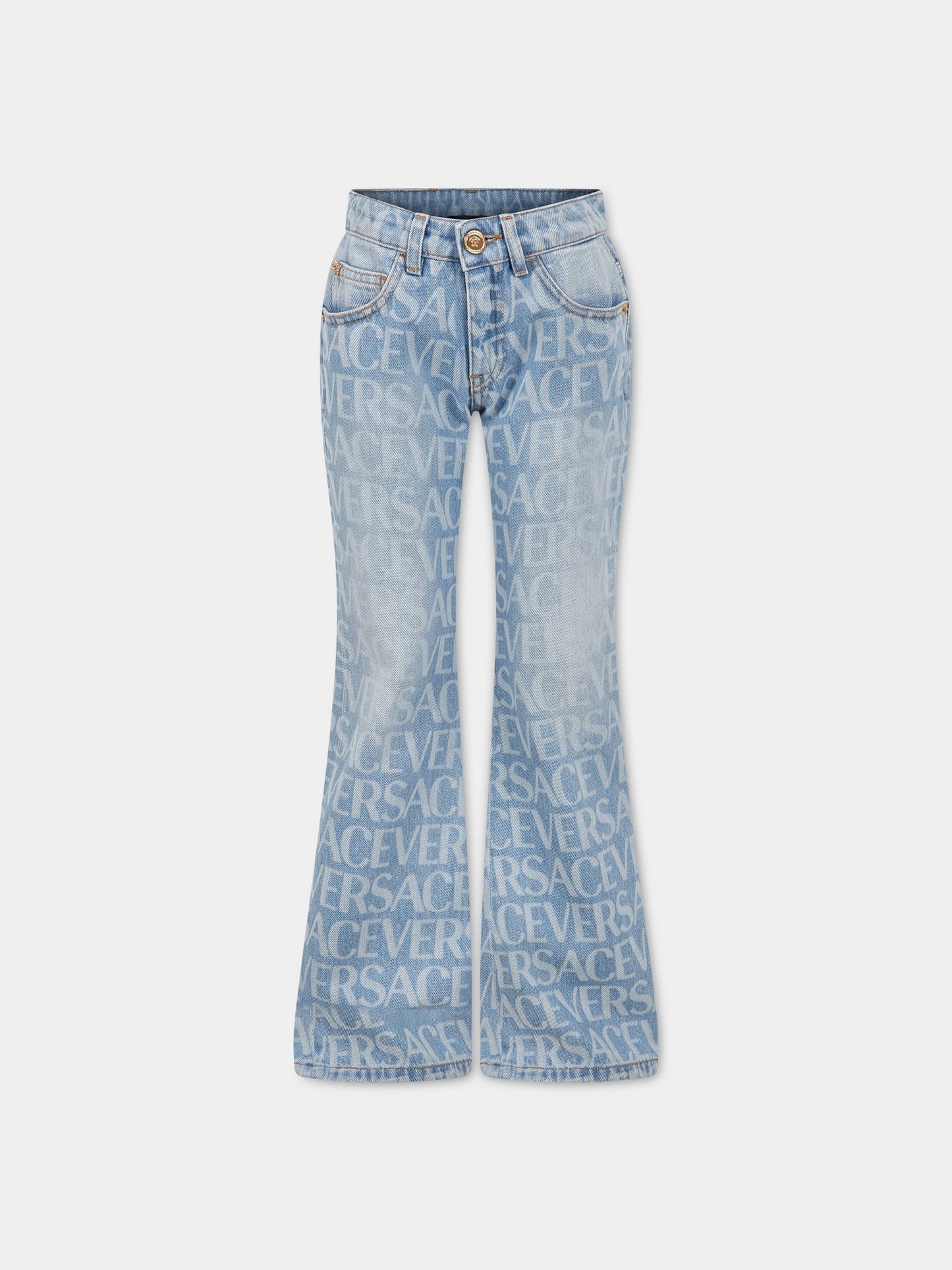 Jeans celeste per bambina con stampa logo,Versace,1000583 1A06524 1D450