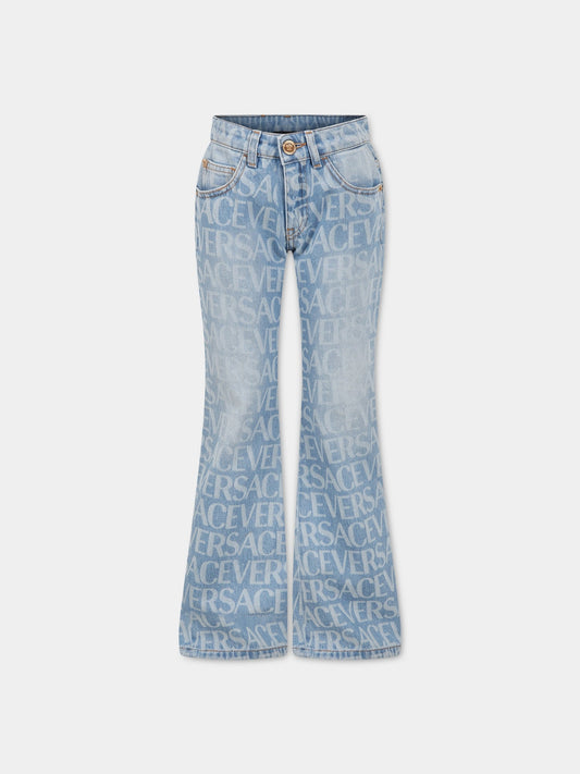 Jeans celeste per bambina con stampa logo,Versace,1000583 1A06524 1D450