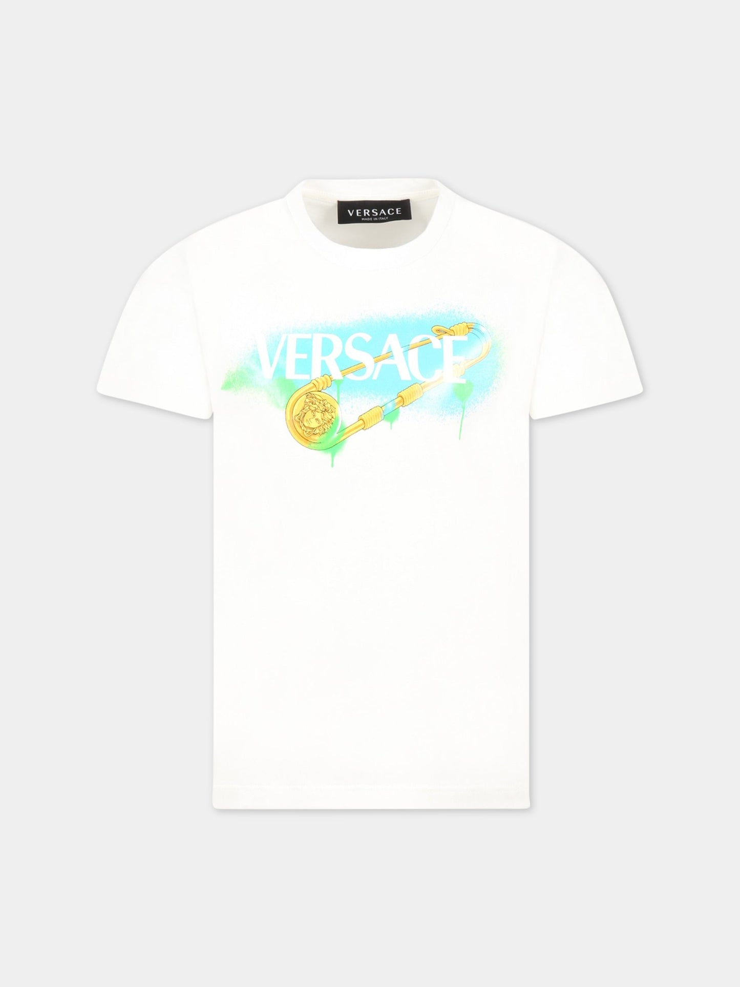 T-shirt bianca per bambino con logo e Spilla Safety,Versace,1000239 1A06523 6W030