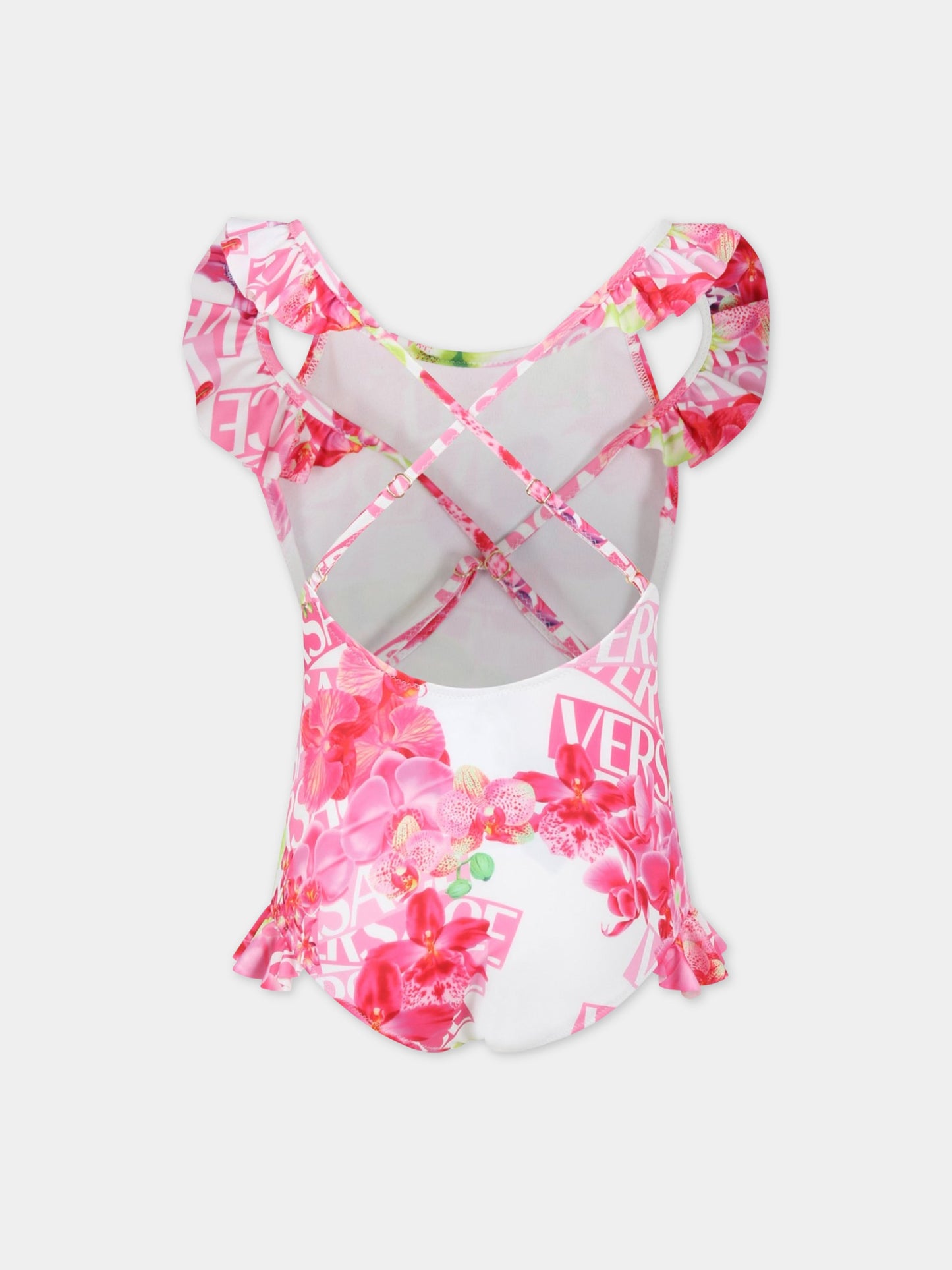 Costume bianco da bagno per bambina con stampa floreale e logo all-over,Versace,1008180 1A06898 5W020