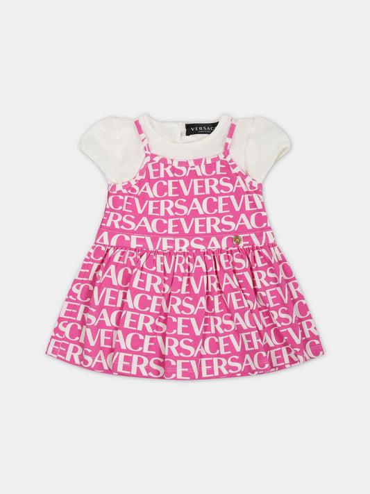 Abito fucsia per neonata con stampa logo,Versace,1003849 1A06466 2W310